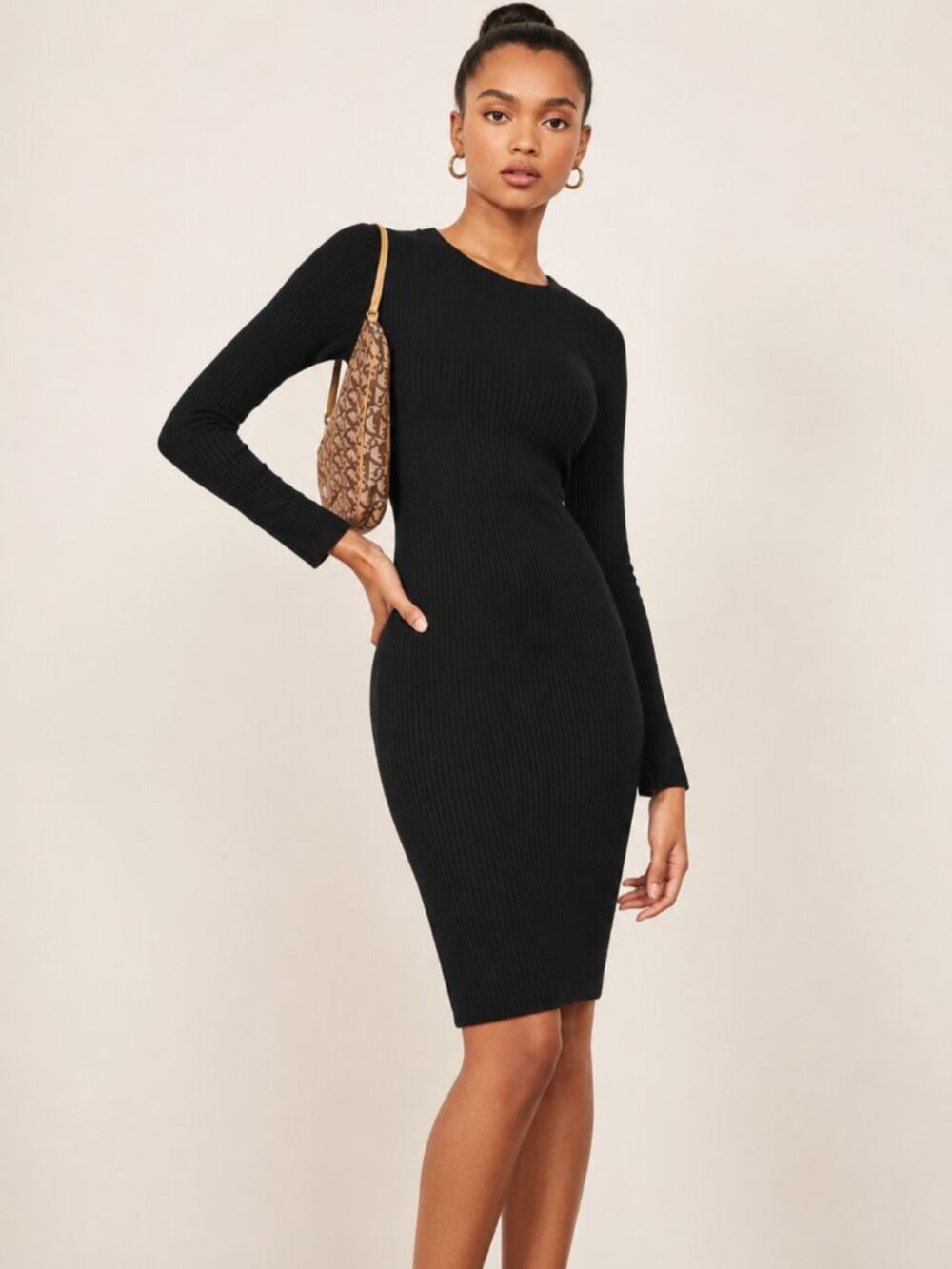 Reformation Jeans Wednesday Ribbed Long Sleeve Dress in Black Size M - Picture 1 of 4
